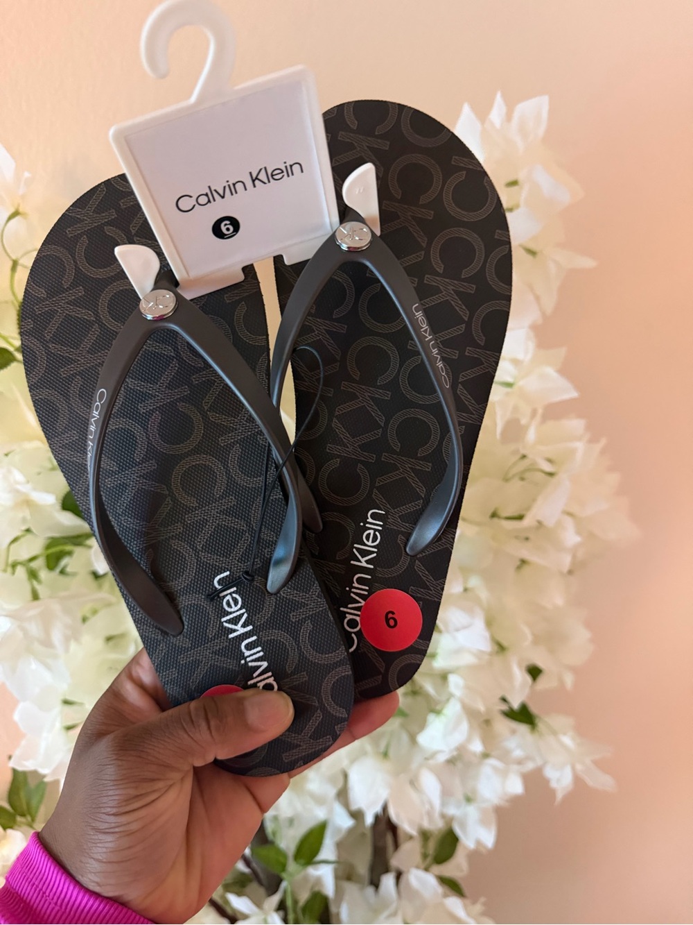 Calvin Klein Black and Gray Logo Thong Sandals